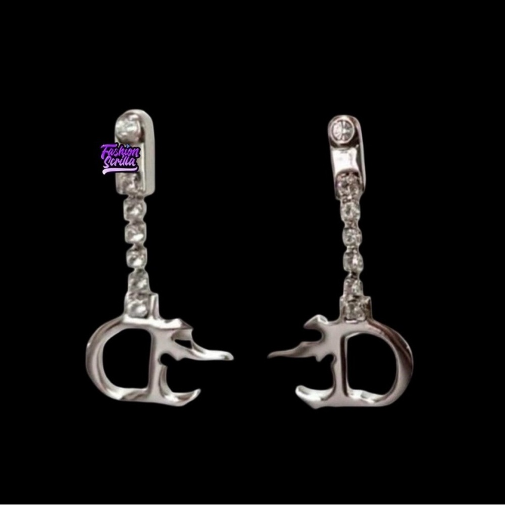 Dior Vintage Silver Crystal “D” Flame Logo Drop Earrings - Picture 6 of 6